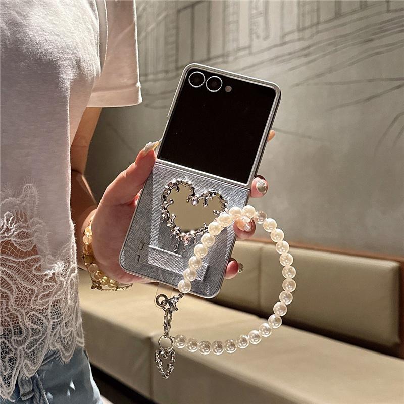 Korean Cute Heart Mirror Stand Phone Case For Samsung Galaxy Z Flip 7 6 5 4 3 Flip6 Flip7 Cover with Chain Denim Cute Cases Capa