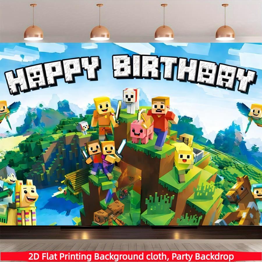 Pixel game birthday party background banner, happy birthday decoration, polyester material, suitable for birthday party decoration, stage and room decoration, home decoration, holiday party supplies, photo booth background, indoor/outdoor decoration