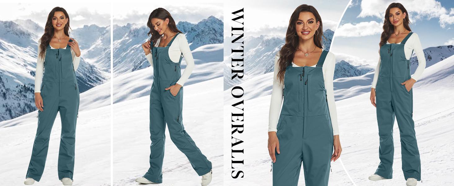 Imily Bela Women's Insulated Waterproof Snow Bibs, Lightweight Polyester Ski Pants for Winter Outdoor Activities, Zipper, Straps, Shell, Essential, Elastic, Camping, Rock Climbing, Snowboarding, Skiing, Gaiter Boot Seal, Zipper Vent, Polyester Shell