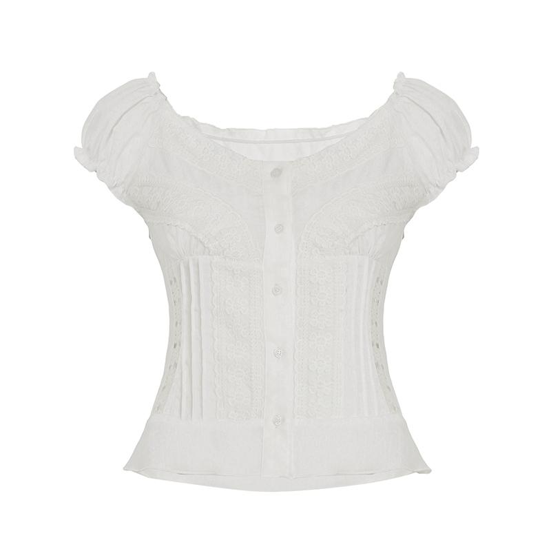 Women's Plain Contrast Lace Frill Trim Button Front Blouse, Sweet Fashion Puff Sleeve Top for Summer, Women's Clothing for Daily Wear