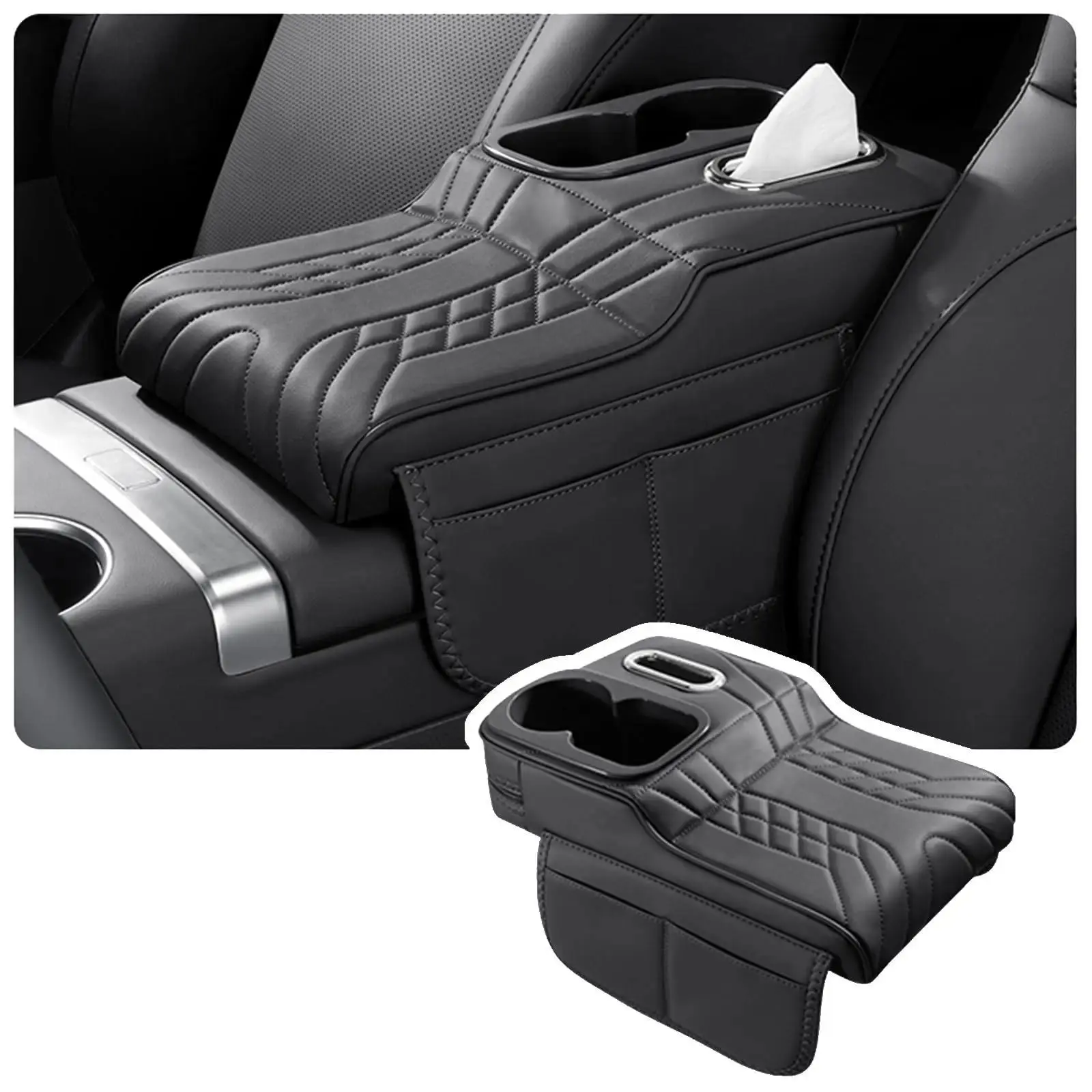 Multifunctional Car Armrest Cushion, Center Console Cover with Tissue Holder, Cup Slot and Side Pockets