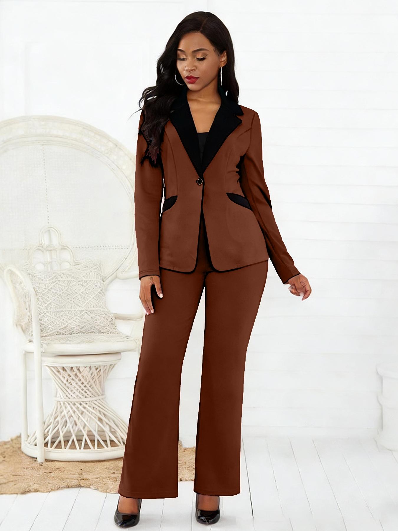 Business Style Spring Summer Trendy Women's Two-Piece Set, Colorblock Lapel Button Pocket Long Pants, Commuter Professional