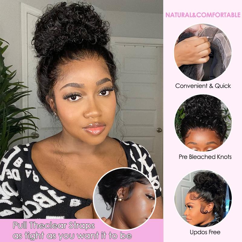 Pizazz Hair Hidden Strap 360 Lace Front Wigs Human Hair Pre Plucked Pre Bleached Knots 220 Density Water Wave HD Lace Frontal Wig with Drawstring Curly Full Lace Front Wigs for Women