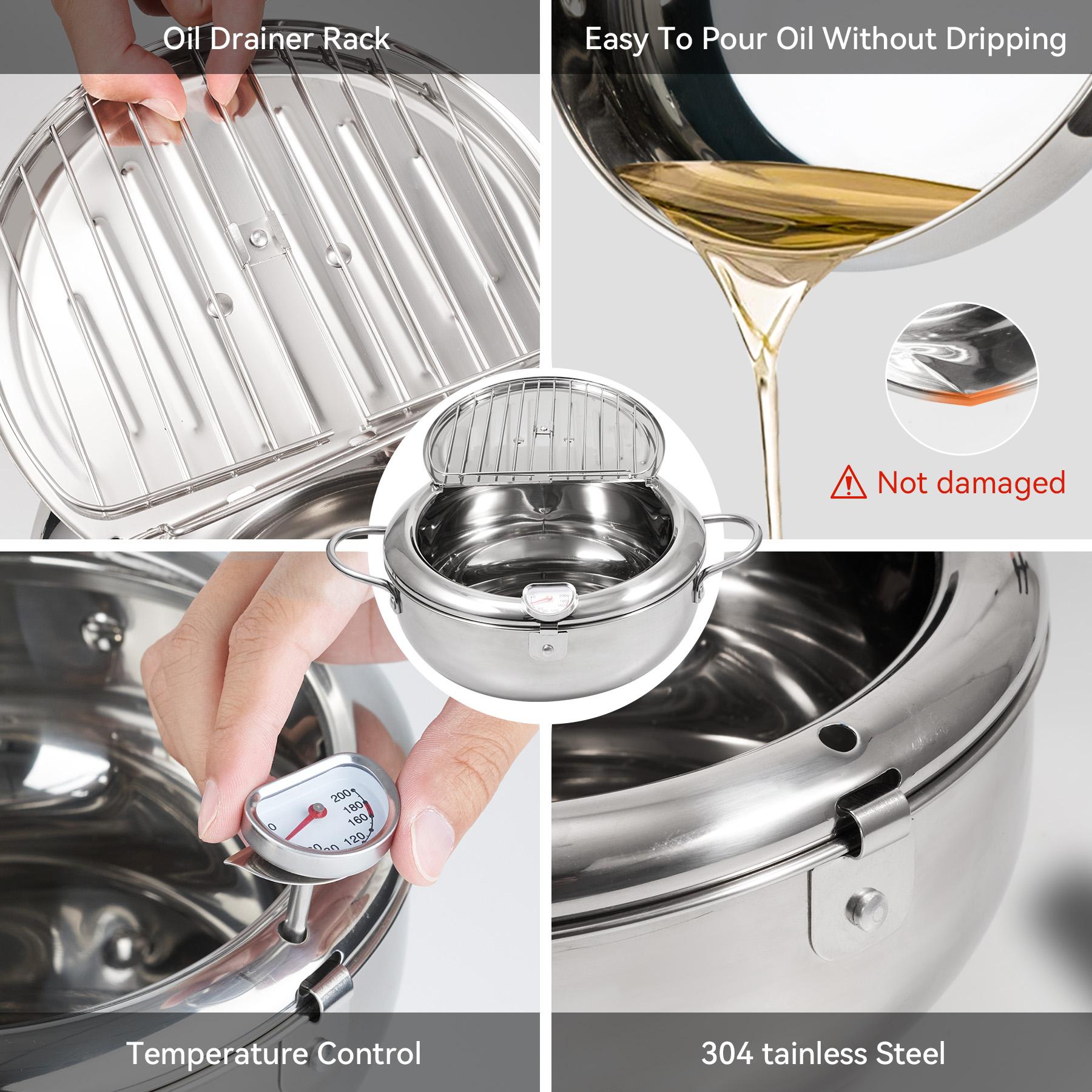 Deep Fryer Pot, LARGE Janpanese Style Tempura Frying Pot with Lid, 304 Stainless Steel with Temperature Control and Oil Drip Drainer Rack, for Kitchen French Fries, Chicken etc