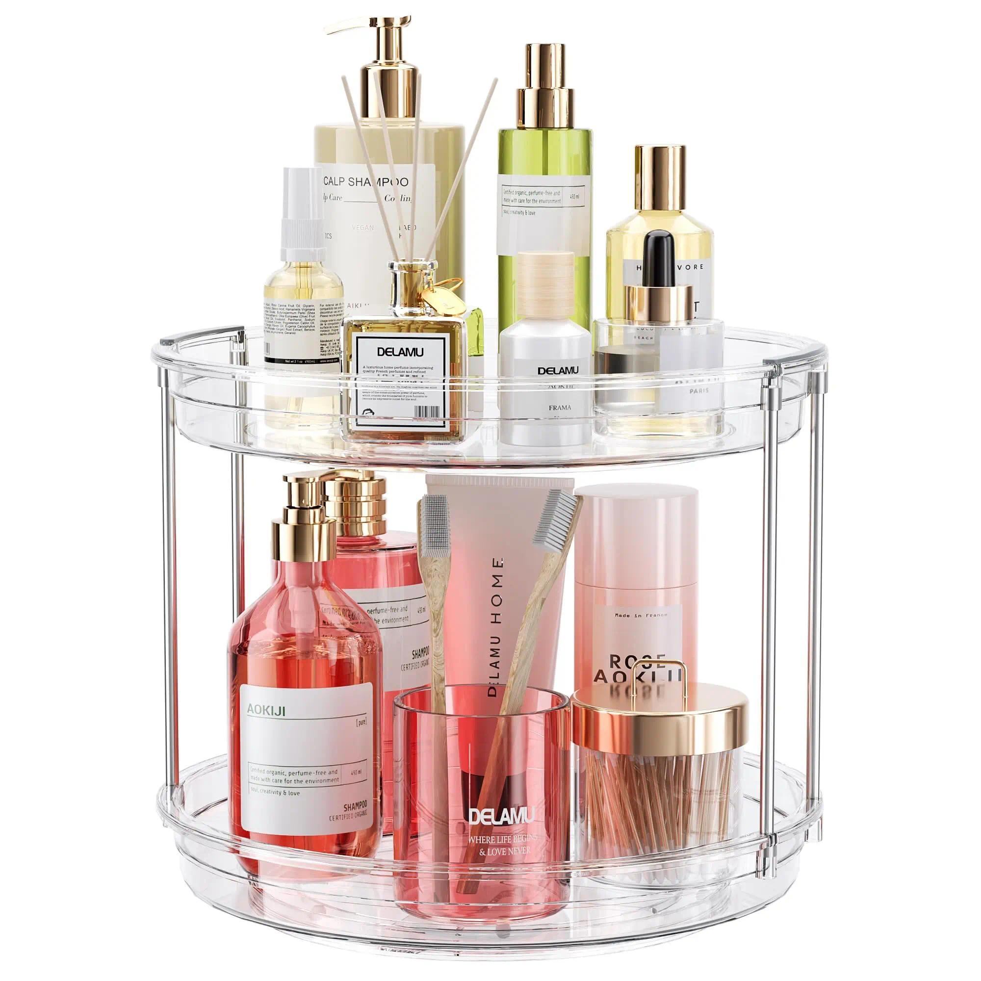 2-Tier Rotating Makeup Organizer, Lazy Susan Perfume Organizer Bathroom Organizer, Spinning Skincare Organizer, Cosmetic Display Case with Brush Holder Perfume Tray, Multi-Function Storage Carousel for Vanity Bathroom Countertop