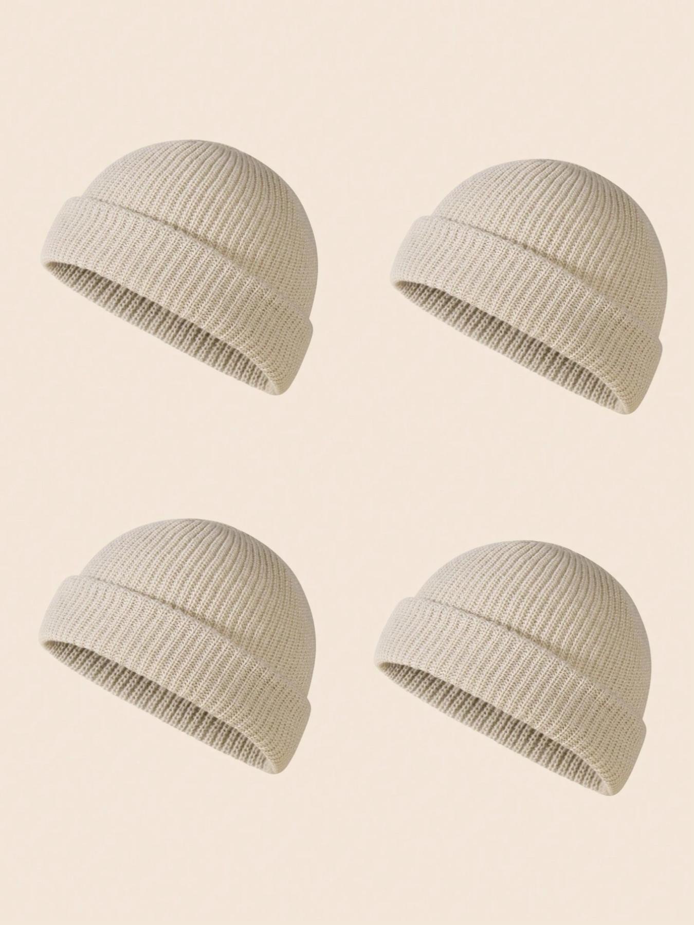 Men's Solid Color Beanie Set, Knit Style, Perfect for Fall & Winter Daily Wear, 4 Piece Pack, Casual Fashion Accessories, Knit Hats, Beanie Fitted