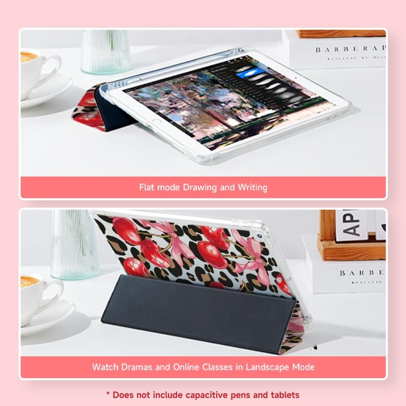 Fashion Cherry Pattern Tablet Case with Pen Slot, Adjustable Bracket Design Tablet Protective Cover, Soft Shell Tablet Protector for iPad, Tablet Casing