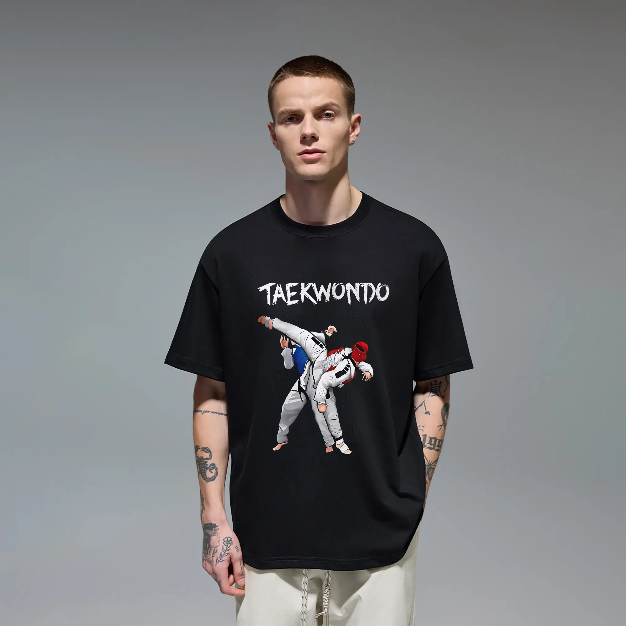Taekwondo Martial Arts High Kick Sparring Combat Sports Original Oversized Cotton Graphic Tee T-Shirt for Men Gift Cutting Ideas Teen Boys Karate Judo Fighter Dojo Training Gear Black Belt Master Coach Action Aesthetic Activewear Casual Everyday Top