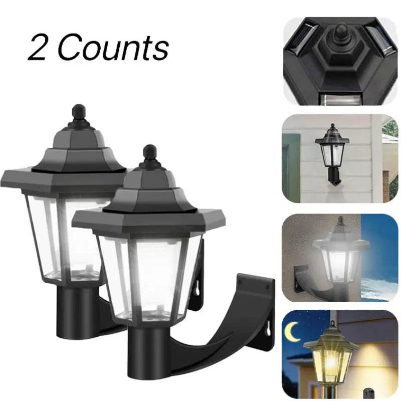 2-pack vintage lantern lamp, Solar garden lamps, solar-powered black hexagonal wall lamp, waterproof sensor wall lamp, easy to install, suitable for garden and courtyard decoration, Solar Decorative Lights, Outdoor Solar Lights