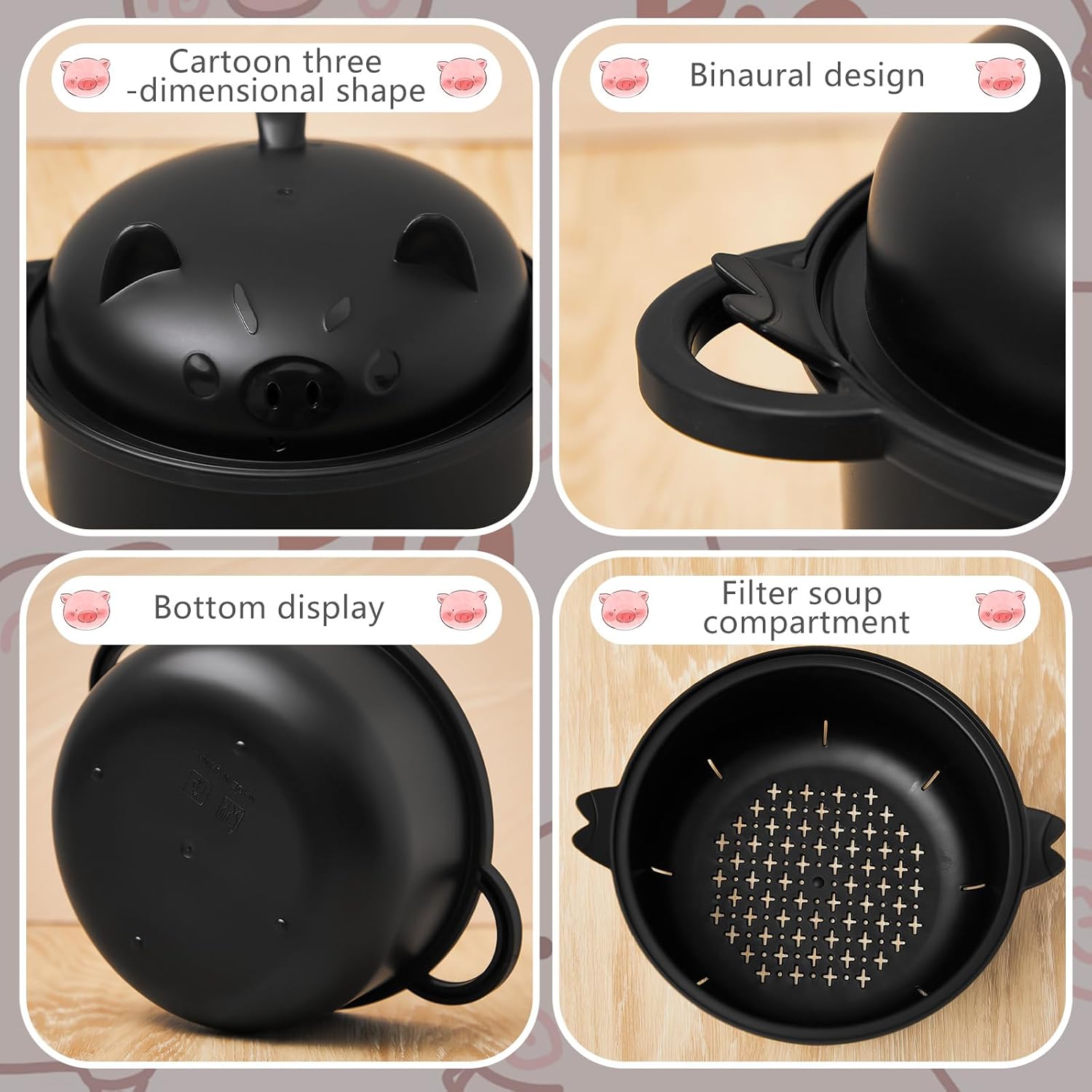 Nifogo Stylish Wheat Straw Cartoon Pig Ramen Noodle Bowl Set - 43oz(1300ml) Microwave-Safe Ramen Cooker with Strainer Lid, Handle, Spoon, Fork, Chopsticks, Stackable Bowls - Camp Kitchen Ware for Home,Camping Use