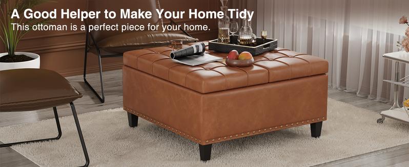 Vabches Tufted Square Ottoman Coffee Table with Storage, Leather Upholstered Cube Storage Ottoman, Oversized Footrest Stool Toy Box Storage for Livingroom Bedroom