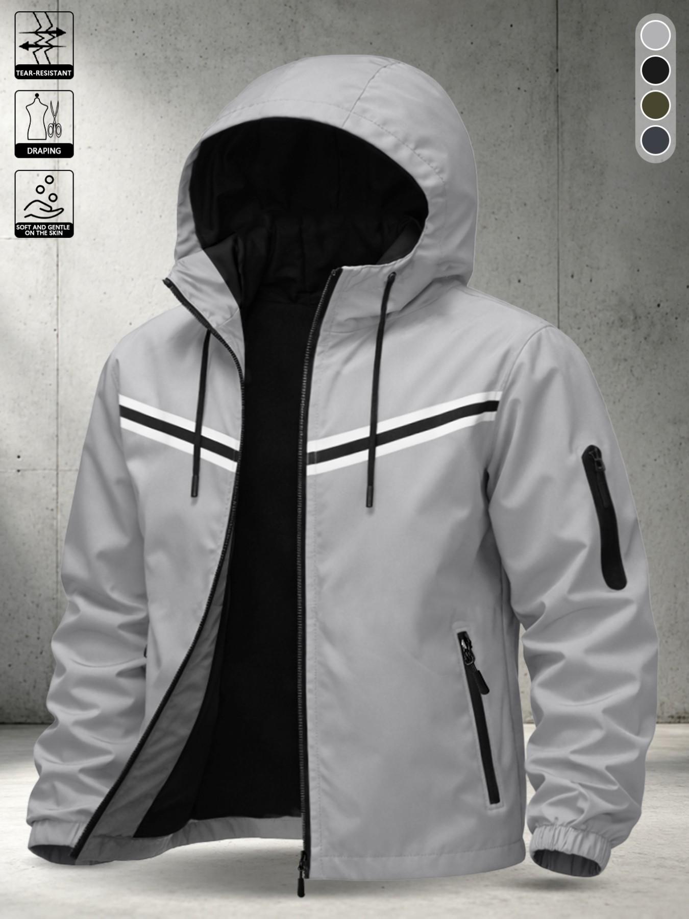 Men's Minimalist Daily Loose Fit Hooded Flying Jacket, Long Sleeve Print Casual Outerwear, All Seasons Short Open Front Coat