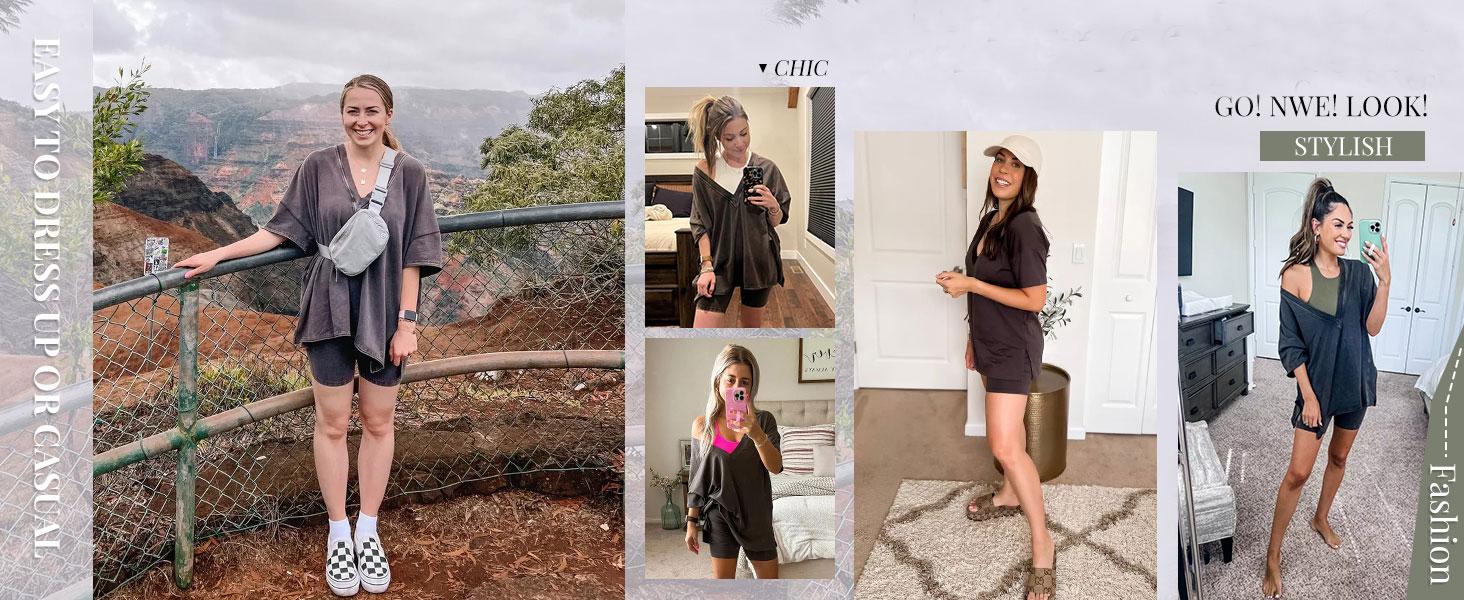 Tanming Women's Oversized 2 Piece Workout Hot Shot Set - Reversible V Neck Tee & Biker Shorts - Casual Streetwear for Yoga & Lounging - Flowy & Comfortable #SpringStatements