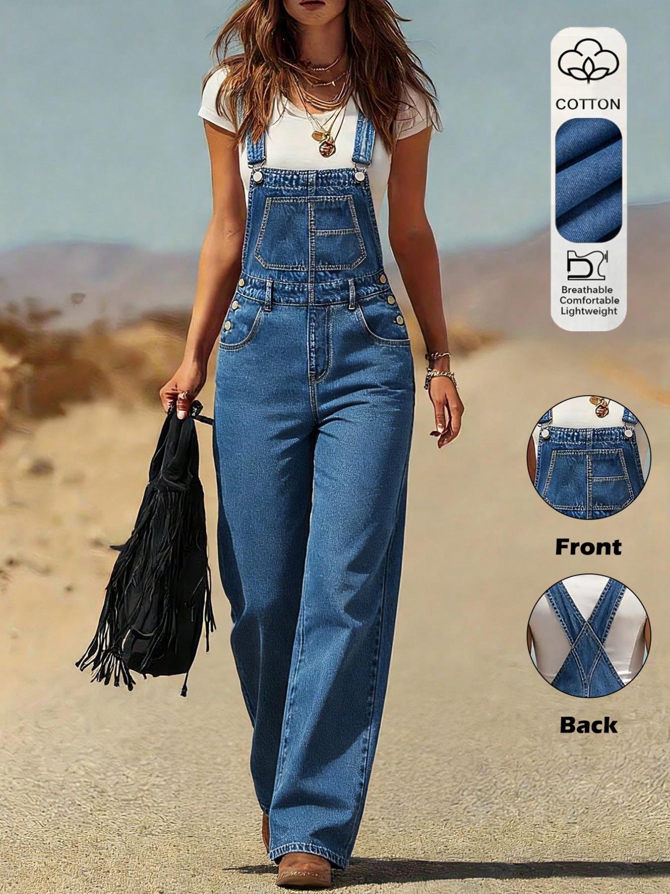 Women's Denim Cotton Jumpsuit Overalls with Adjustable Straps, Pocketed High-Waist Sleeveless Design, Vintage Street Style for All Seasons
