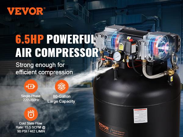 VEVOR 80 Gallon Air Compressor, 6.5HP 15.5SCFM90 PSI, 145PSI Oil Free Stationary Air Compressor Tank, 86dB Ultra Quiet Compressor for Industrial Manufacturing, Construction Sites, Auto Repair