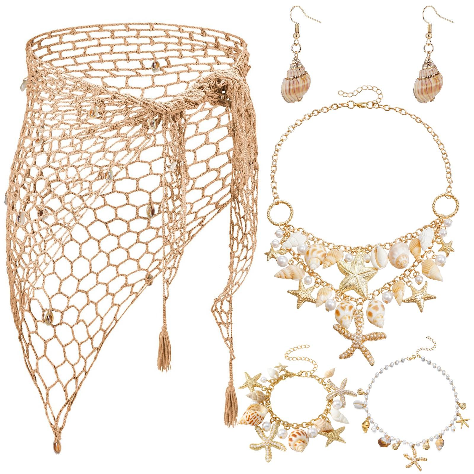 Summer Beach Women's Jewelry Set, Shell Starfish Necklace, Anklet, Bracelet, Earrings, Crochet Scarf Waist Chain, Vacation Beach Summer Beach Women's Jewelry Set, Shell Starfish Necklace, Anklet, Bracelet, Earrings, Crochet Scarf Waist Chain, Vacation Beach