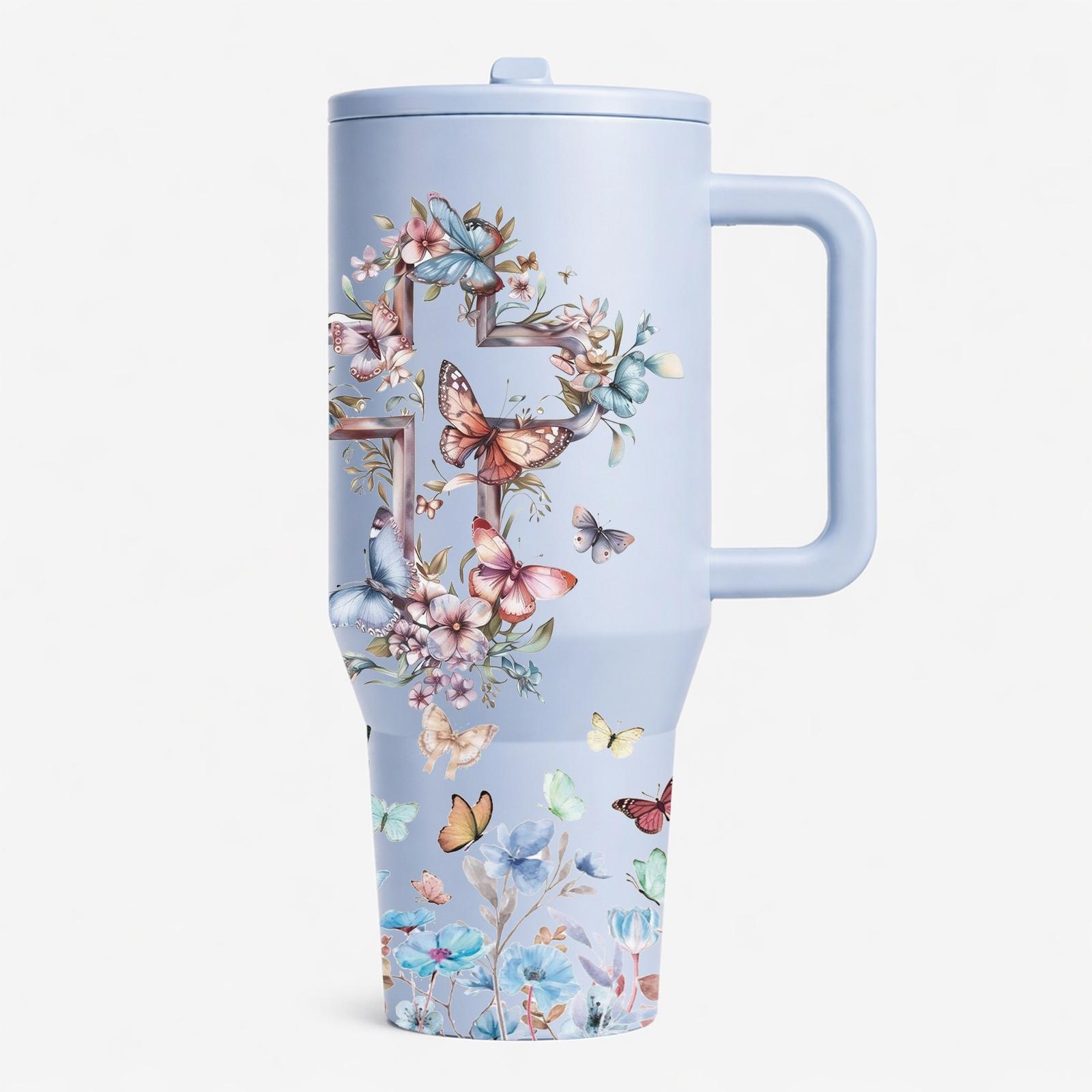 1 Pc 40oz insulated mug Tumbler, Christian Bible verse floral cross butterfly design, double wall vacuum insulated, leak proof lid with handle, keeps hot 12 hours and cold 24 hours, for hot cold drinks, office travel gym, faith gift for women men, holiday