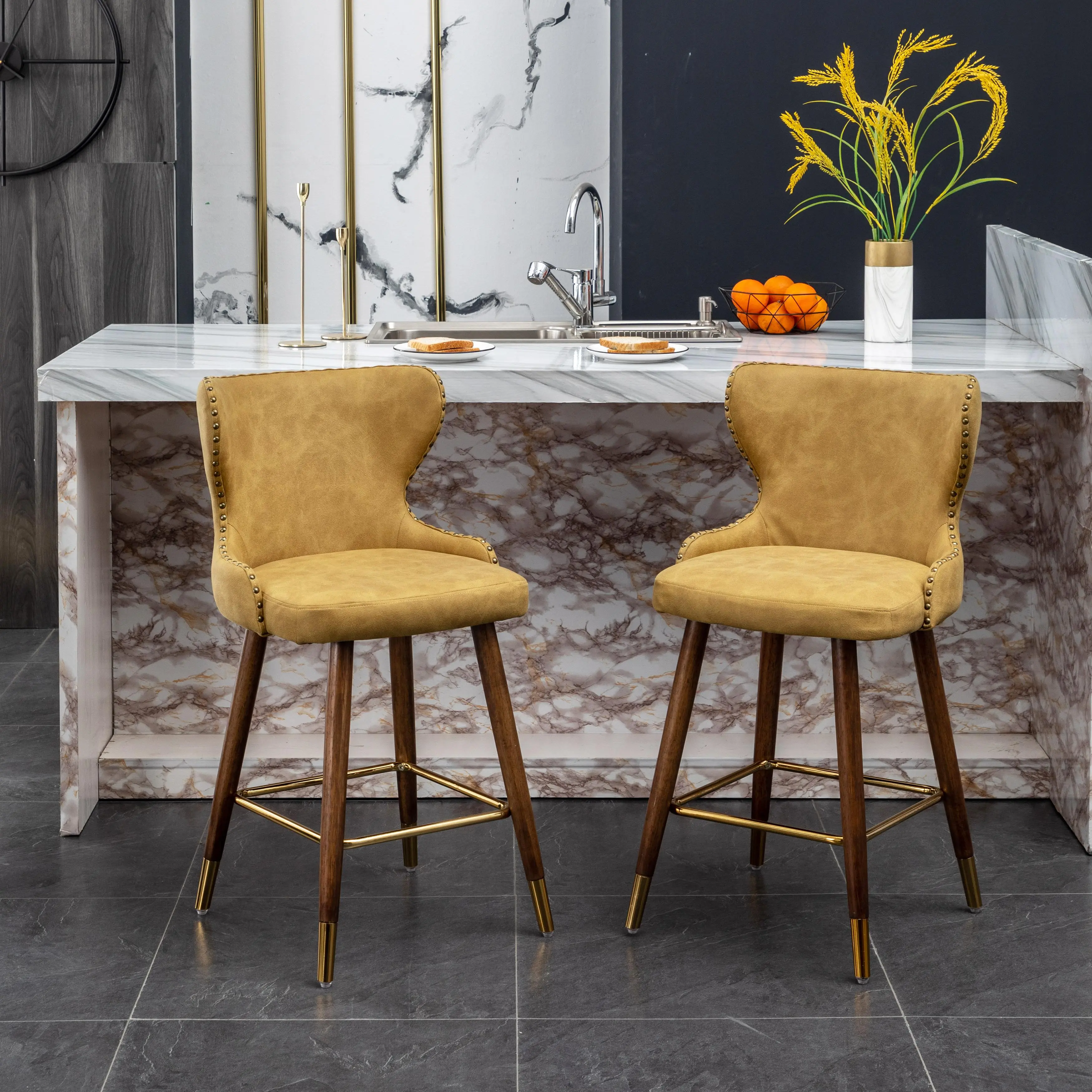 Mid-Century Modern Counter Stools Set of 2, Yellow Suede-Like Fabric Upholstery, Button Tufted Wing-Back, Nailhead Trim, Walnut Finished Wood Legs for Kitchen Island or Dining Area
