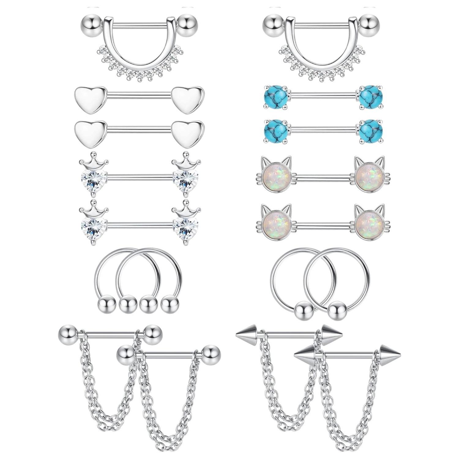 9 Pairs Nipple Rings for Women 14G Stainless Steel CZ Opal Hoops Nipple Rings with Chain Rose Silver Tone Heart Nipple Piercing Jewelry