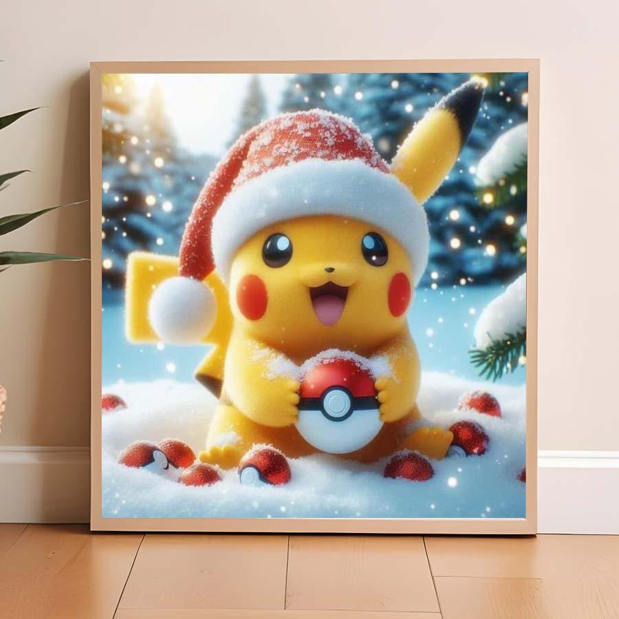 5D DIY Full Drill Round Diamond Painting - Diamond Art Kit Christmas Pikachu Mosaic, Canvas - DIY Decorative Art, Home Wall Decor, Suitable for Halloween and Christmas, Birthday and Anniversary Gifts