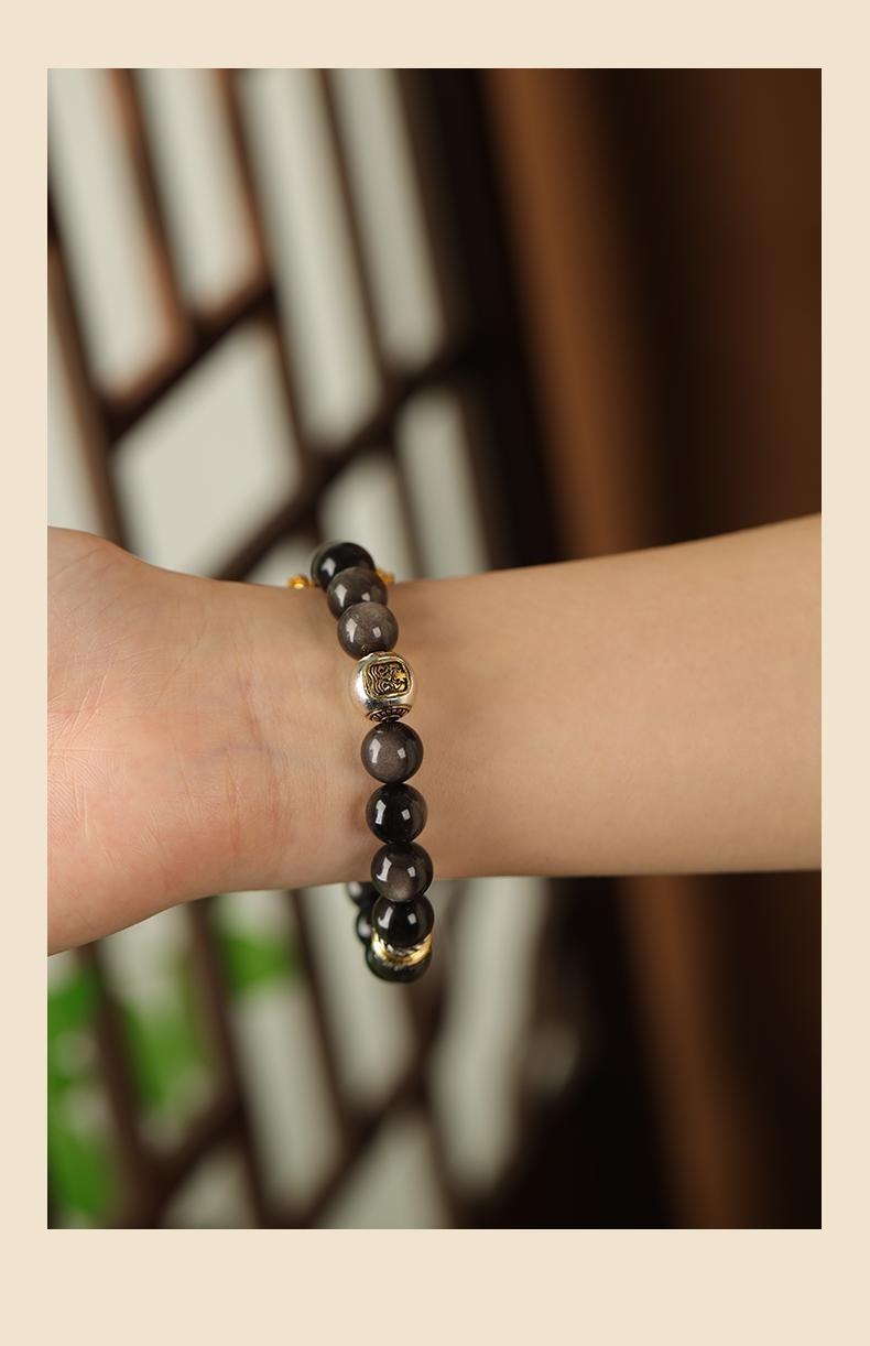 [Wealth Blessing] crystal bracelet, silver obsidian Tibetan silver sand gold, unisex, daily wear gift, 10mm beads natural stone, wealth blessing symbol