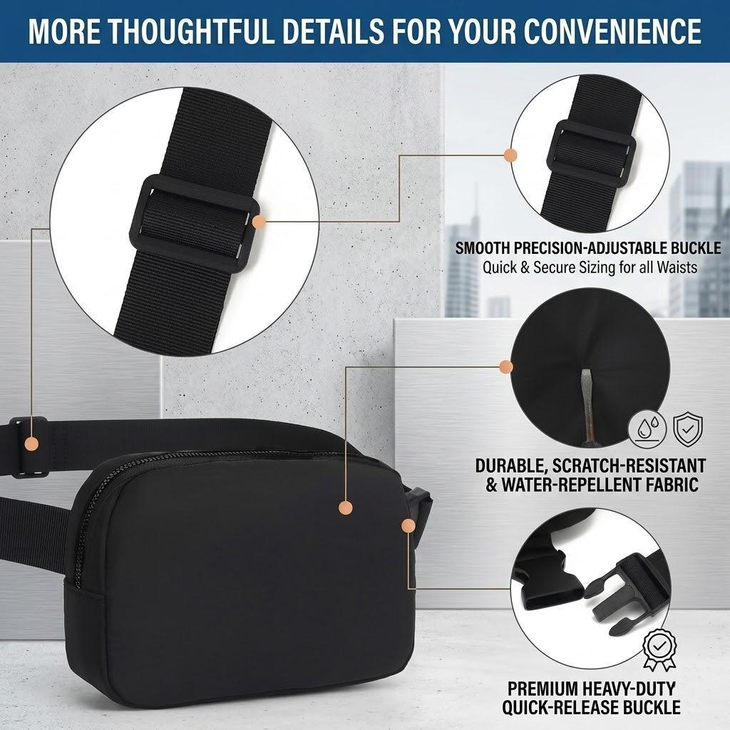 Women's Waterproof Nylon Fanny Pack - Adjustable Strap, Multi-Zip Pockets, Unisex Fit, Compact Phone Holder, Athletic Crossbody Shoulder Bag for Outdoor Sports, Durable Casual Daypack