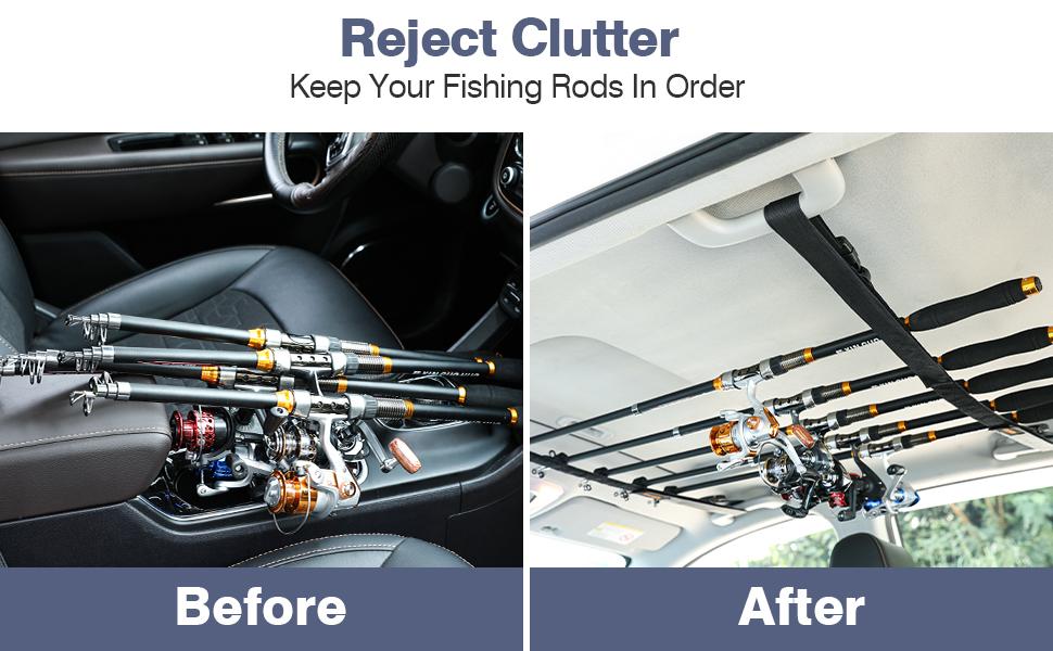 MOKO Vehicle Fishing Rod Holder, Car Fishing Pole Roof Rack Inside, 5 Rod Capacity, Heavy Duty Adjustable 30-54 Inch, Fishing Rod Carrier Fishing Pole Storage Straps for Truck Car SUV Wagons Van