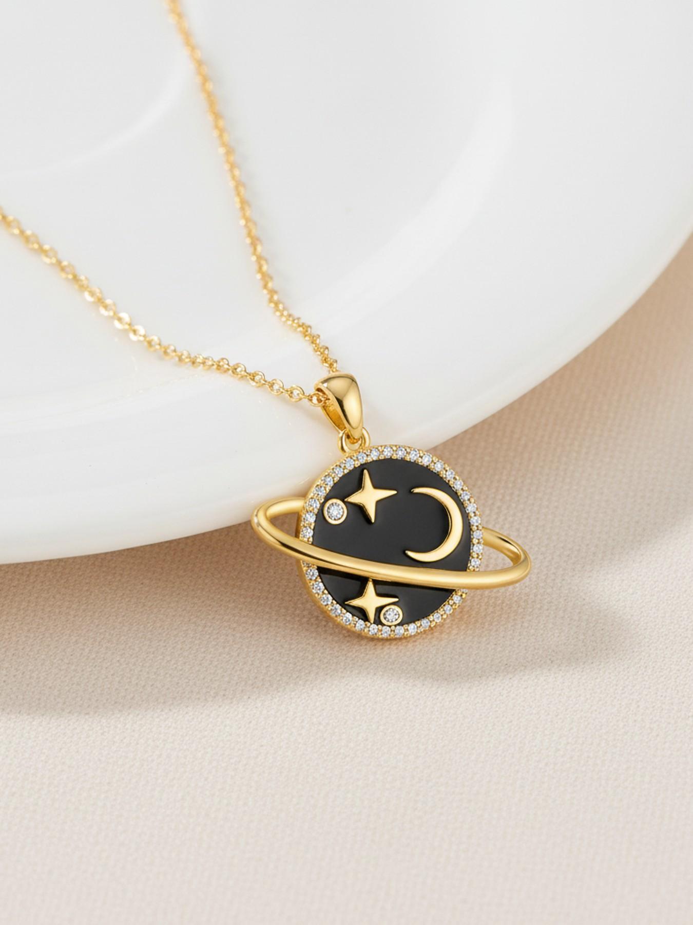 Diamond Saturn Pendant Necklace, 18k Gold Plated Low Allergy, Ideal Jewelry Gift for Mother's Day, Anniversary, Includes Gift Box