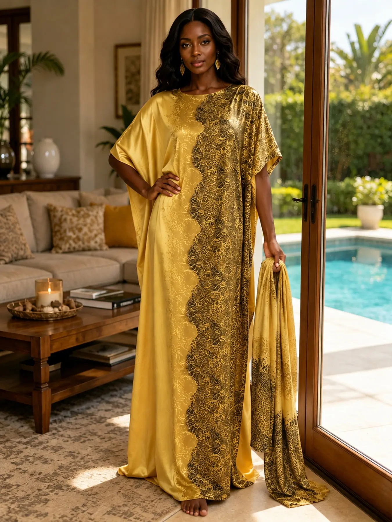 Champagne & Black Printed Robe Dress & Scarf Set, Loose Long Kaftan Dress, Boho Chic Bohemian Vacation & Banquet Wear