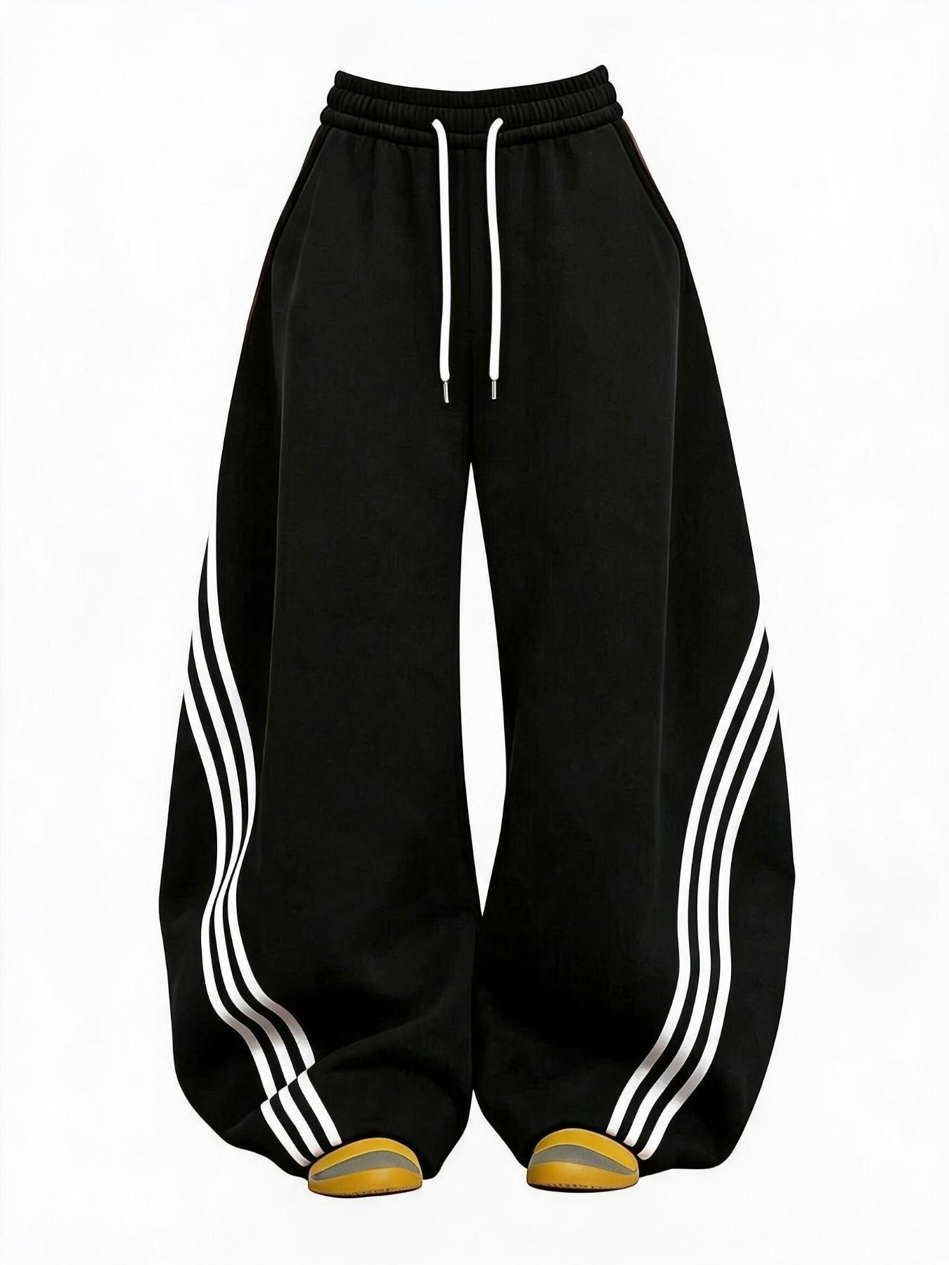 Summer Retro Three Stripes Colorblock Wide Leg Pants, Women's Outdoor Sportswear, Fashion Waist Tie, Casual Long Pants, Gift for Her