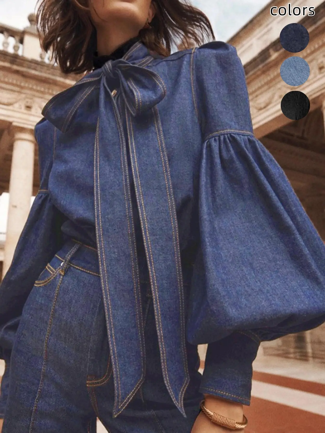 Women's Denim-effect Print Tie Neck Shirt, Chic Casual Long Sleeve Top for Daily Wear, Ladies Clothes for All Seasons