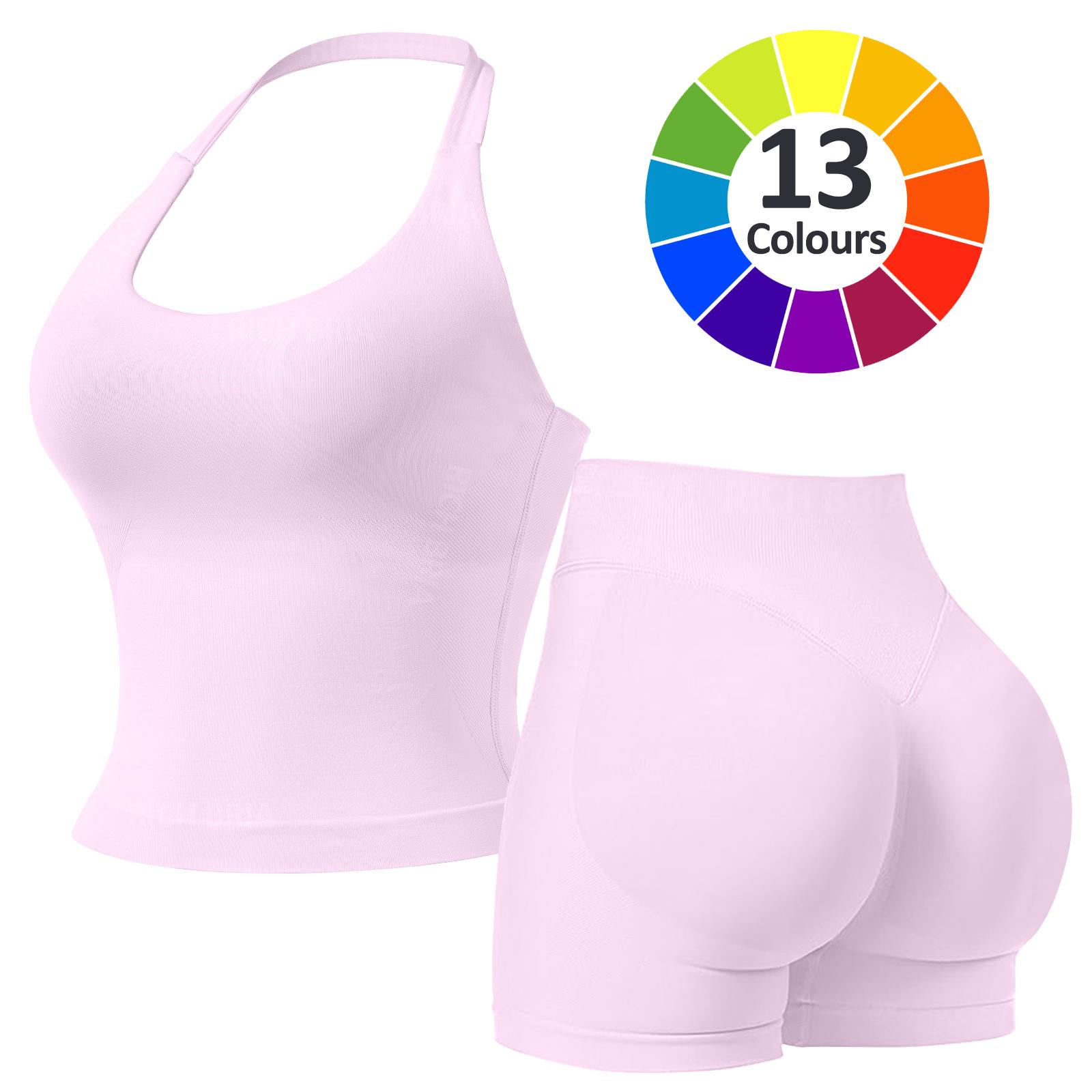 RICH BRIA Women's Solid Color Halter Top & High Waist Shorts Sports Set, Sporty Breathable Quick Drying Outfits for Yoga Gym Fitness Running, Ladies Sportswear for Summer, Workout Clothes, Workout Gym Clothing, Athletic Sports Clothing, Athleisure Wear