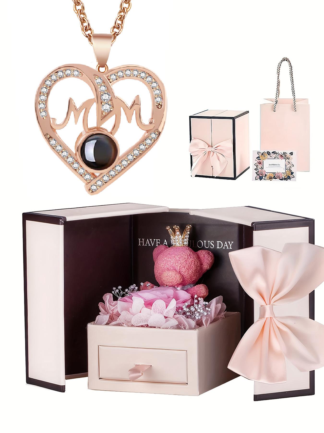 The gift from the husband to his wife, a gift for a new mother, the love projection necklace and the rose bear gift box, a Mother's Day gift, the best gift for her, suitable for wearing in various occasions