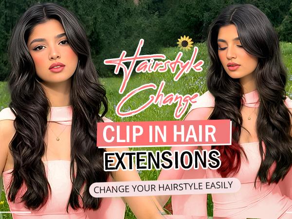 Fxmongyi Clip-in Hair Extensions 24/20 inch Synthetic Long Wavy 4PCS Thick Hairpieces Double Weft Natural Hair Extensions for Women