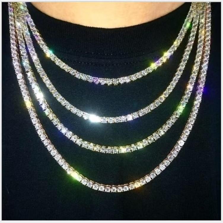 Silver Plated Full Pave Cubic Zirconia Tennis Chain Iced Out Hip Hop Men Necklace 45-70cm Party Jewelry Gift