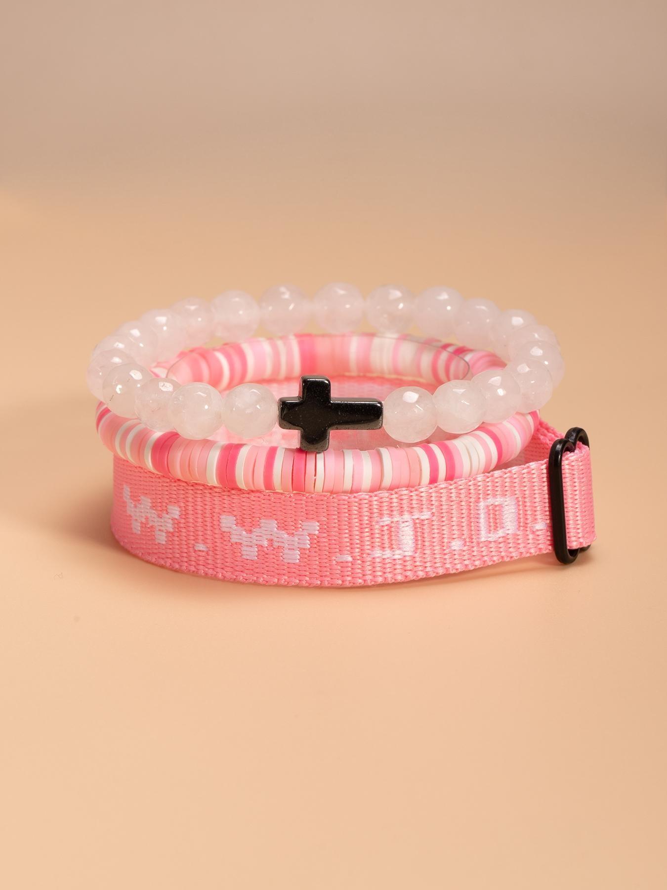 WWJD Beaded Bracelet, Fashionable Cross Charm Decor Bracelet for Women & Men, Trendy All-match & Exquisite Jewelry for Birthday Gift