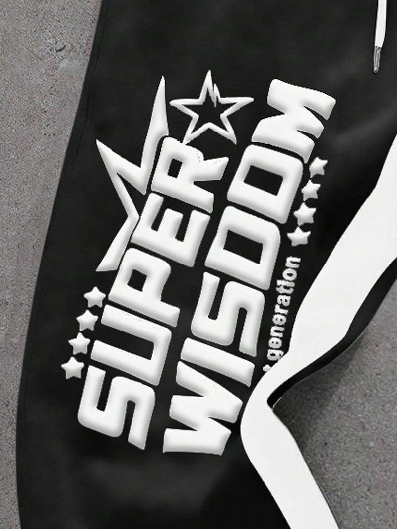 Retro Oversized Star Pattern Flared Sports Pants, Heavyweight Contrast Color Wide-Leg Joggers for Festivals & Street Fashion, Comfortable Loose-Fit Athletic Trousers