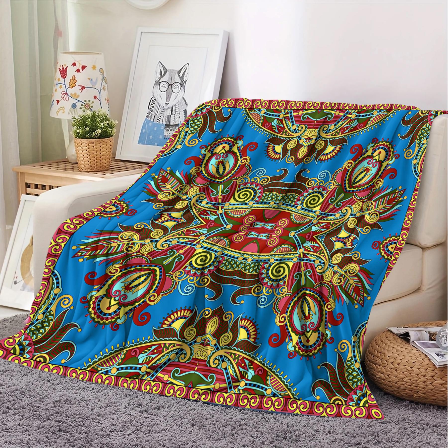 1Pcs Boho Paisley Digital Print Flannel Blanket, Vibrant Ethnic Style Throw Blanket, Ultra-Soft Cozy Warm Blanket, All-Season Decorative Gift Blanket, Perfect for Bedroom, Sofa, Couch, Camping, Travel, Dorm Decor