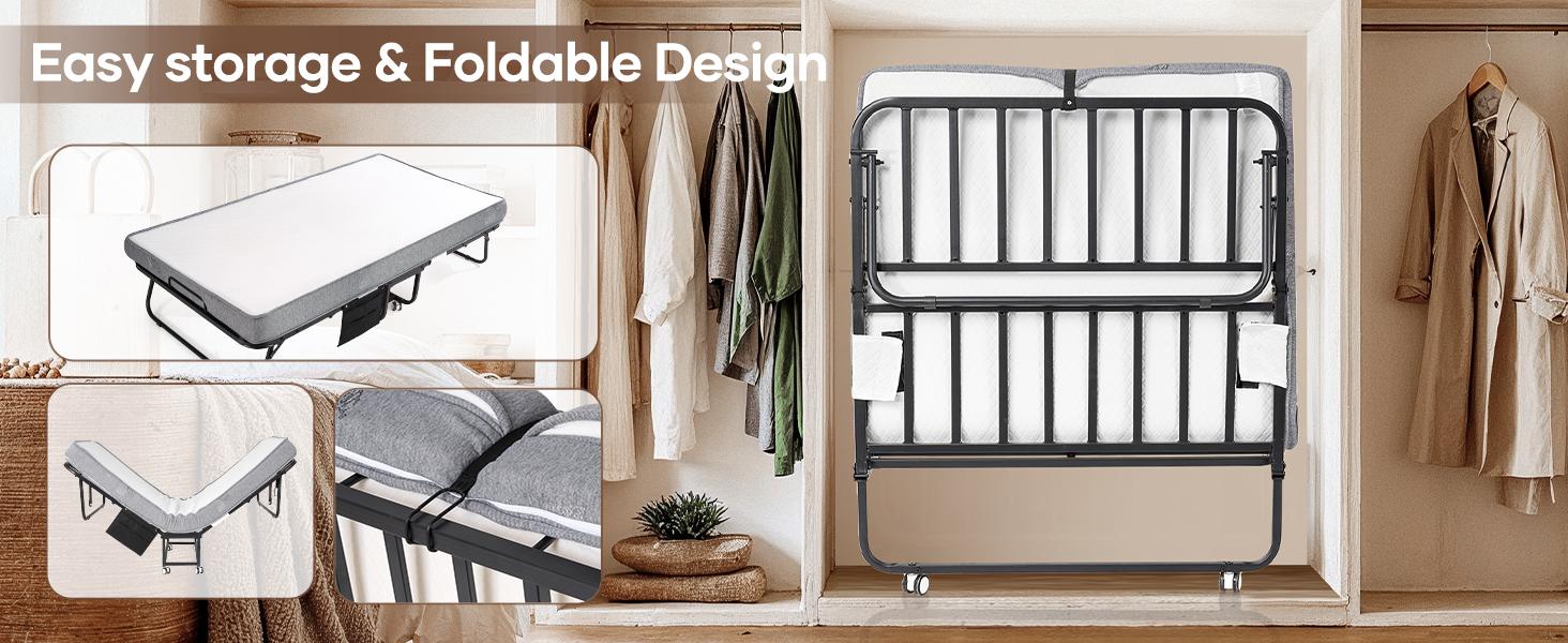 Folding Bed with Mattress, Foldable Portable Bed with 75” x 38" Twin Size Frame, Side Pocket and Transport Wheels Easy Storage for Home Office Visit the BODIOO Store Folding Bed with Mattress, Foldable Portable Bed with 75” x 38" Twin Size Frame, Side Pocket and Transport Wheels Easy Storage for Home Office Visit the BODIOO Store