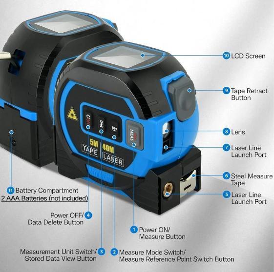 2 in 1 Digital Laser 5m Tape Measure with LCD Display, Self-Locking Device, 40m, 50m, 60m Measuring Options, Work Equipment for Men
