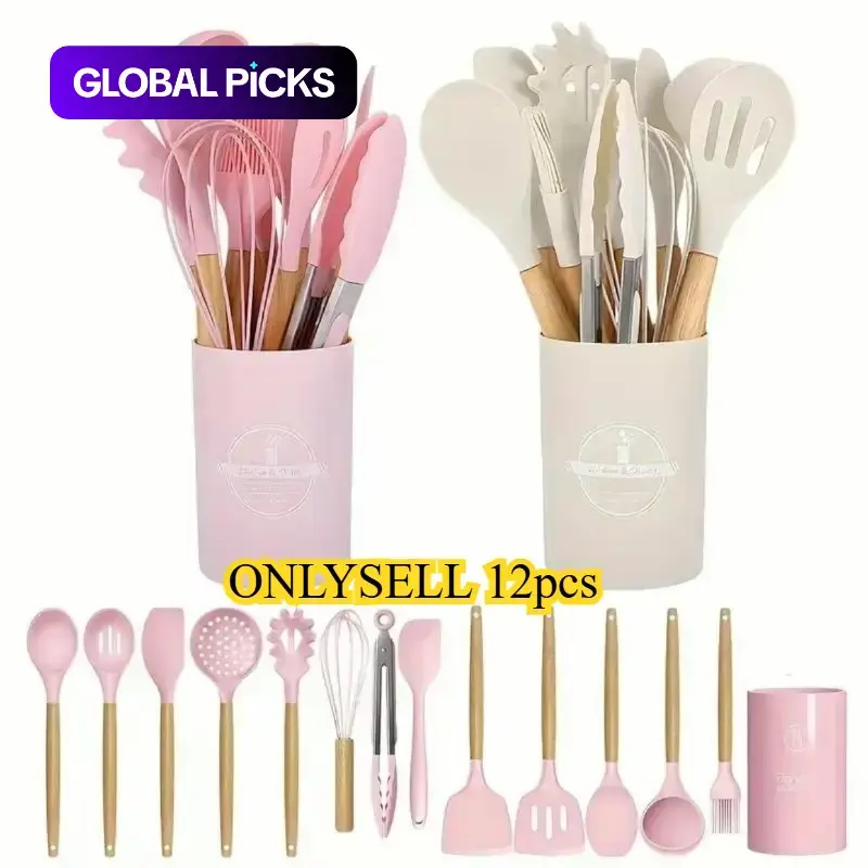 Silicone Kitchen Utensils Set, 12-Piece Non-Stick Cooking Gadgets with Beech Wooden Handle, Spatula Set for Home Use #GLOBAL PICKS