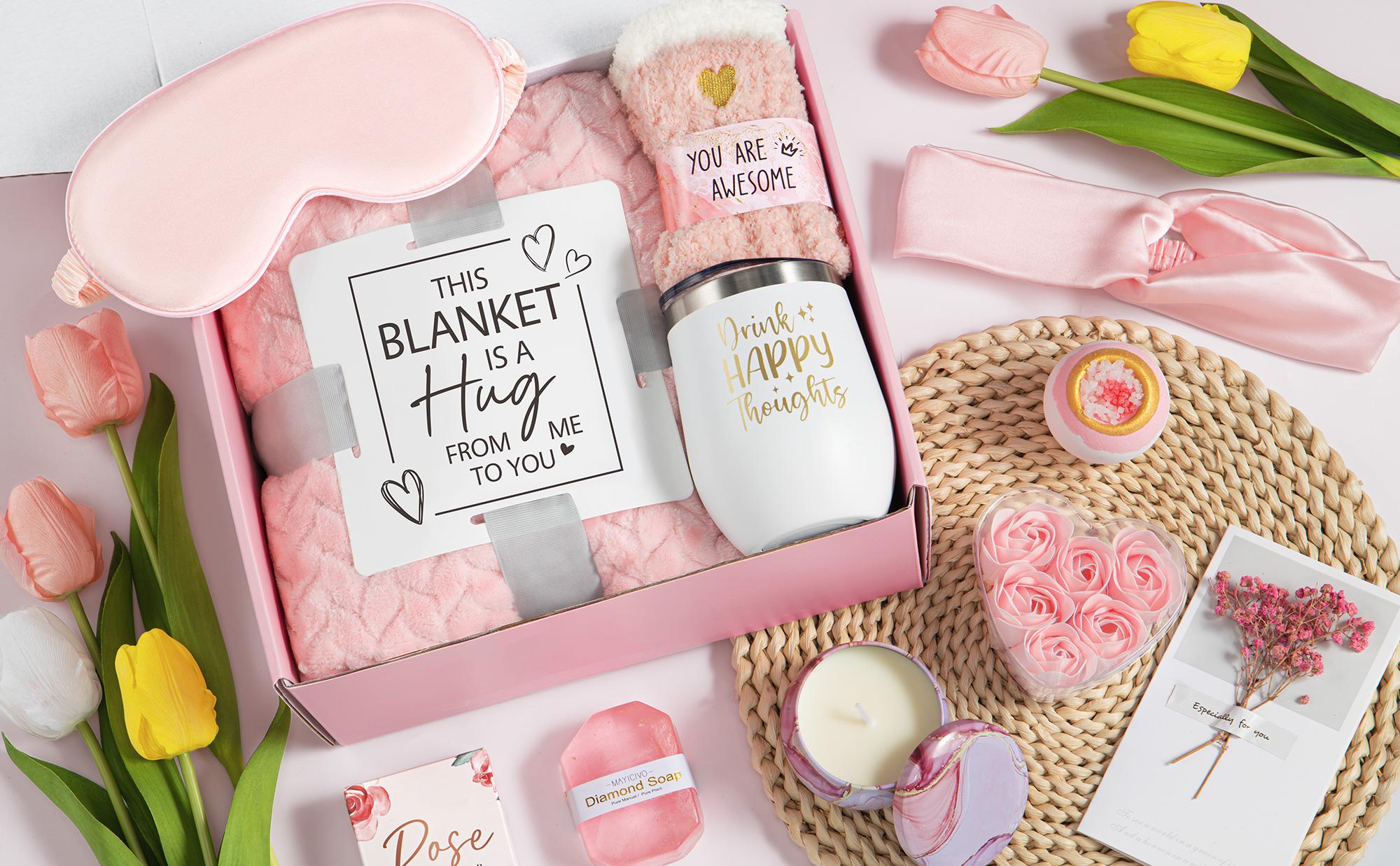 Mayicivo Valentine’s Day Gift Basket for Women – Cozy Flannel Blanket & Stainless Steel Insulated Tumbler, Thoughtful Gift for Mom, Wife & Friends