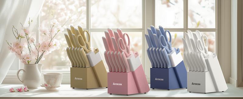 Astercook 14-Piece Knife Set with Ceramic Coated Stainless Steel, Includes Block & Sharpener, Dishwasher Safe, Durable, Premium Quality - Chopping