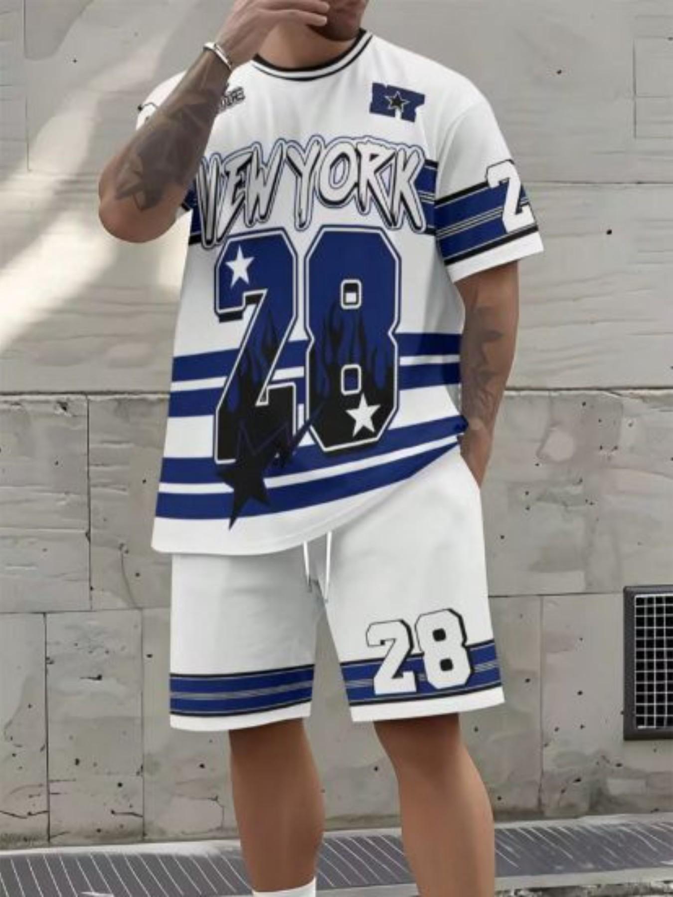 Summer Men's Outdoor Round Neck Short Sleeve T-Shirt and Shorts Set, Casual Letter Number Print, Fitted, Above the Knee, Sporty Style