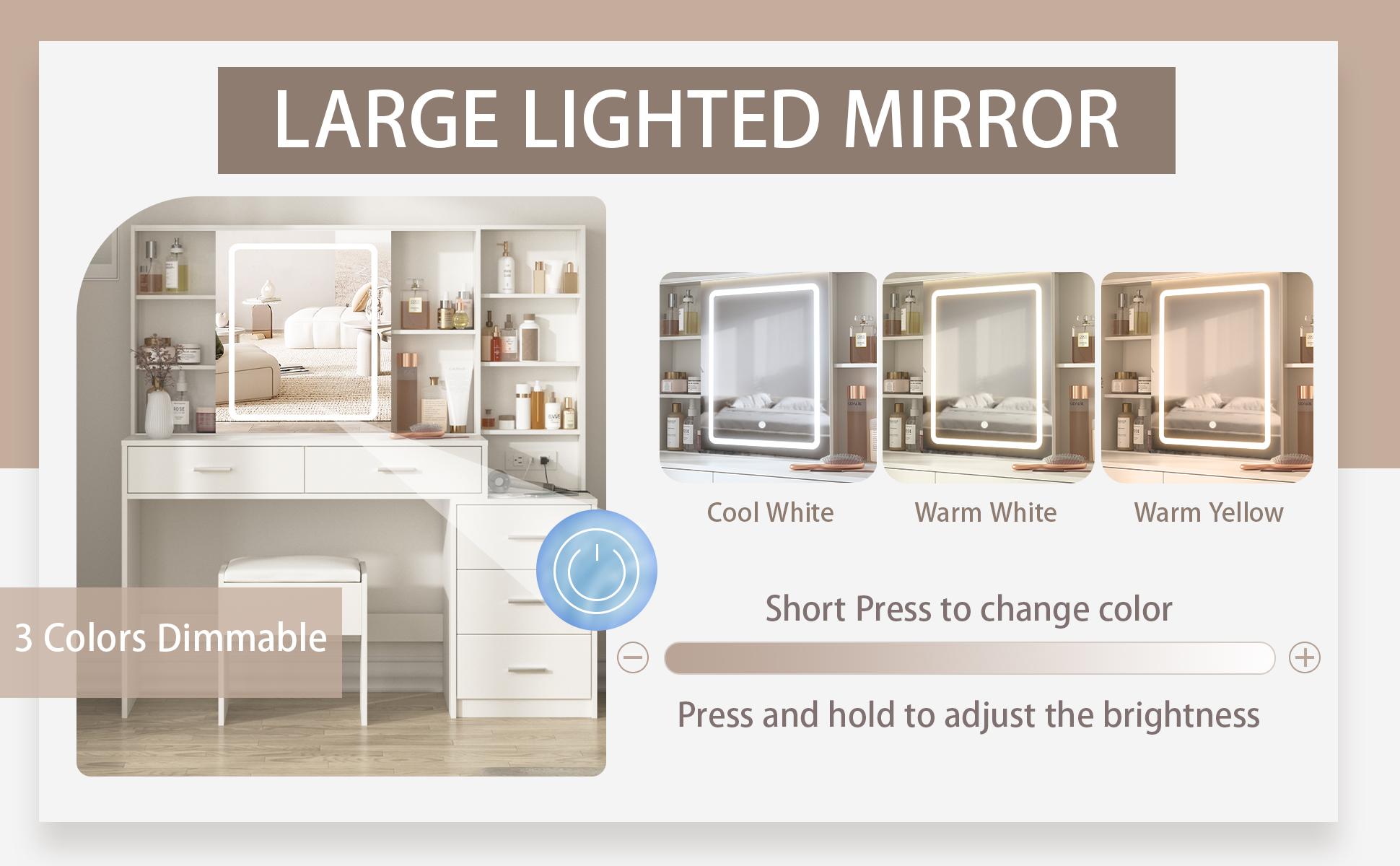 Vabches Vanity Desk with Mirror and Lights, White Vanity Table with 3 Color Lighting, Makeup Vanity Desk with Charging Station, 5 Drawer Storage, 5 Hooks, Hidden and Open Shelves