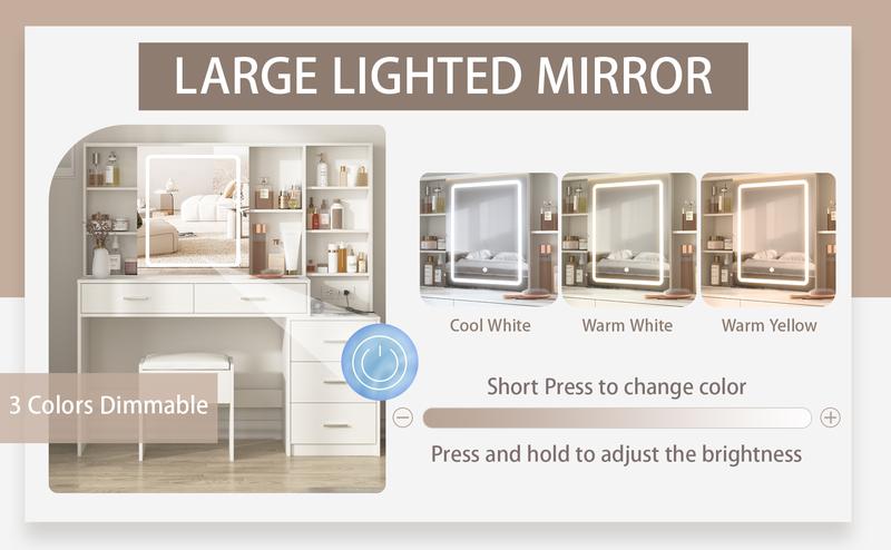 Vabches Vanity Desk with Mirror and Lights, White Vanity Table with 3 Color Lighting, Makeup Vanity Desk with Charging Station, 5 Drawer Storage, 5 Hooks, Hidden and Open Shelves