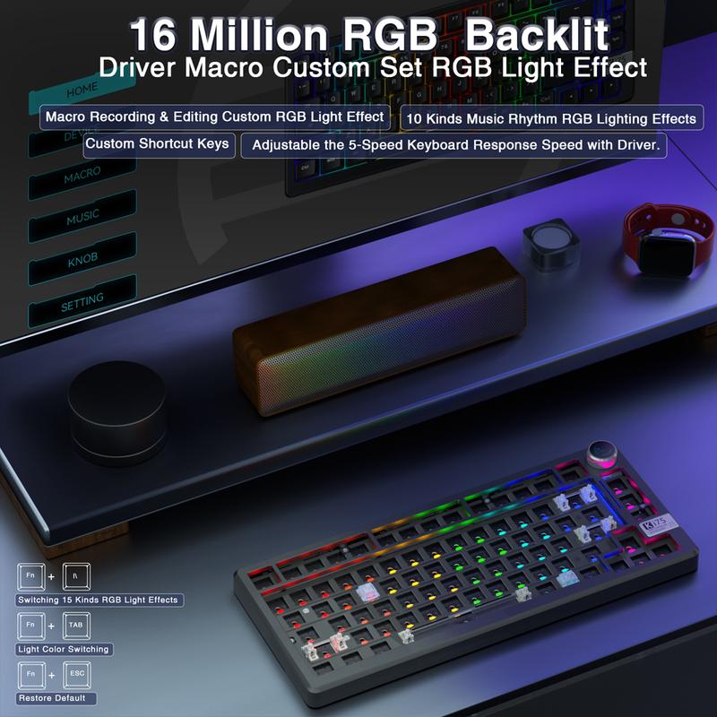 Ki75 Wireless Mechanical Gaming Keyboard Kit, Aluminum Barebones Keyboard Base, 75% Layout Gasket Hot Swappable Custom Keyboard RGB Backlit with Knob, Tri-Mode BT5.0/2.4GHz/USB-C Wired for PC FallFreshness Ki75 Wireless Mechanical Gaming Keyboard Kit, Aluminum Barebones Keyboard Base, 75% Layout Gasket Hot Swappable Custom Keyboard RGB Backlit with Knob, Tri-Mode BT5.0/2.4GHz/USB-C Wired for PC FallFreshness