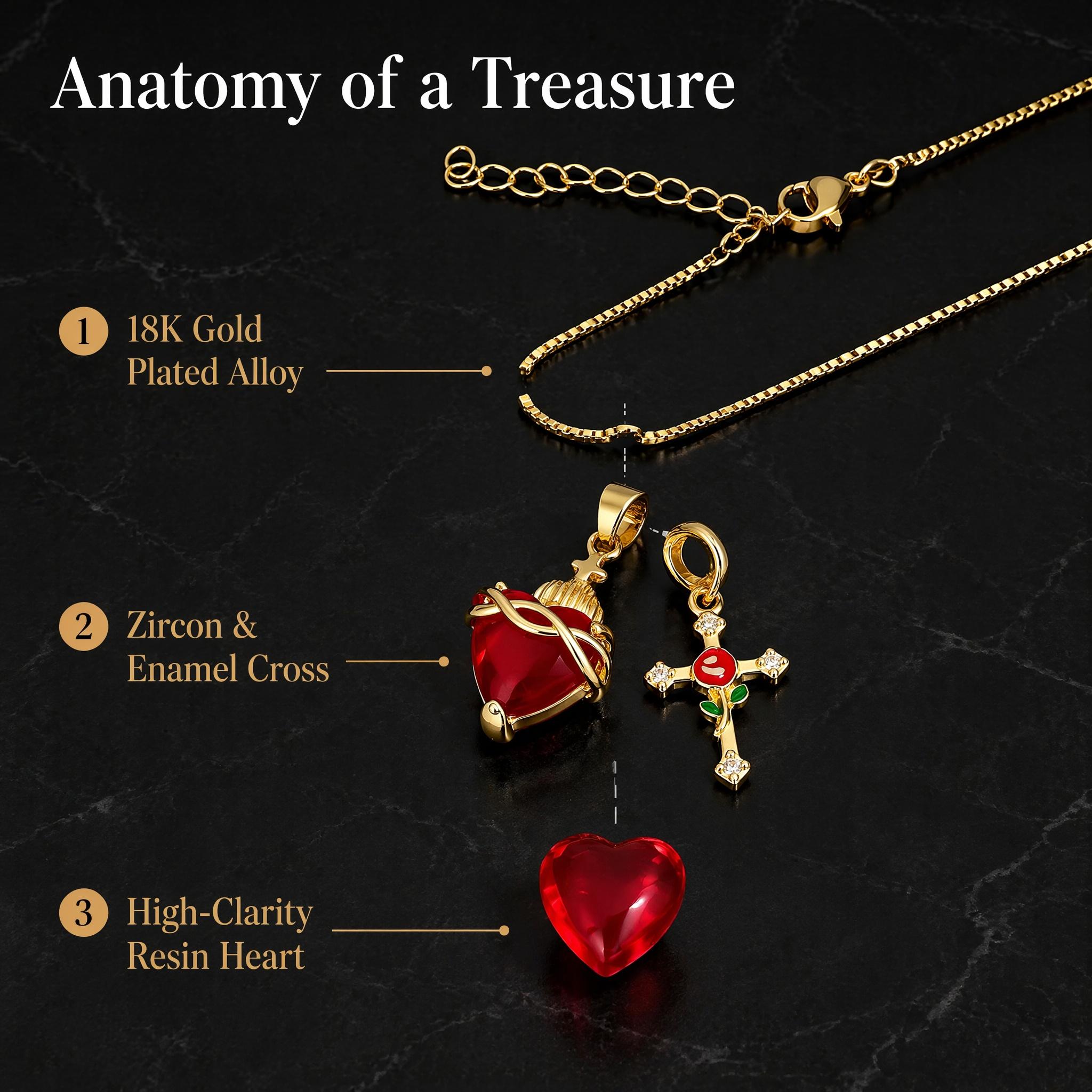 Gold-Plated Metal Coating Catholic Christian Double Pendant Necklace - Red Sacred Heart Zircon Stones, Cubic Zirconia, Box Chain, Lobster Clasp, Comes with Jewelry Gift Box, for Daily Wear, Graduation, First Communion Gifting