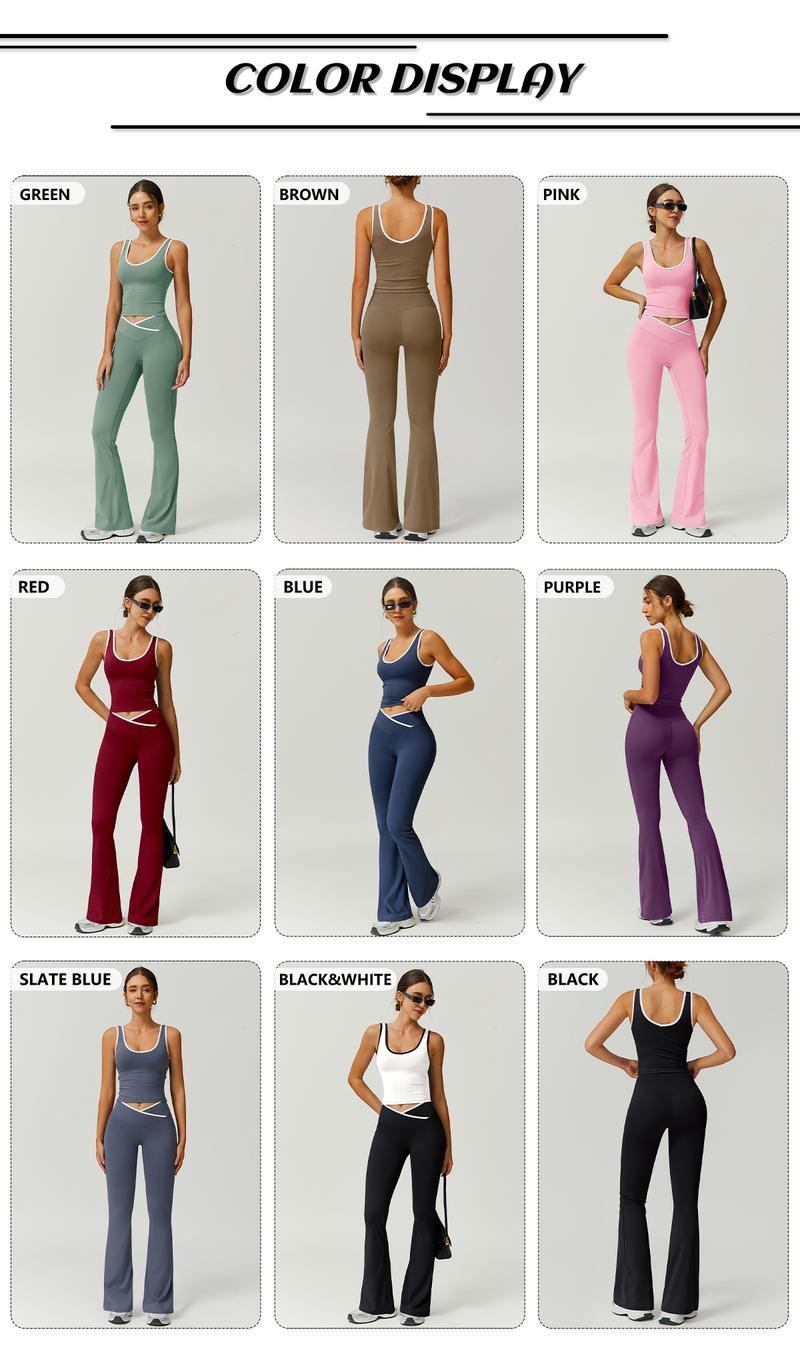 TimeOFF Two-Piece Color Block U-Neck Piped Tank & Bell Bottom Set, Deep V-Back Cutout, Contrast Binding Detail, Solves Trendy & Sculpting Need for Gym, Dance & Chic Casual Occasions,loungesetwomen,sweatsuits women,comfort sweat set