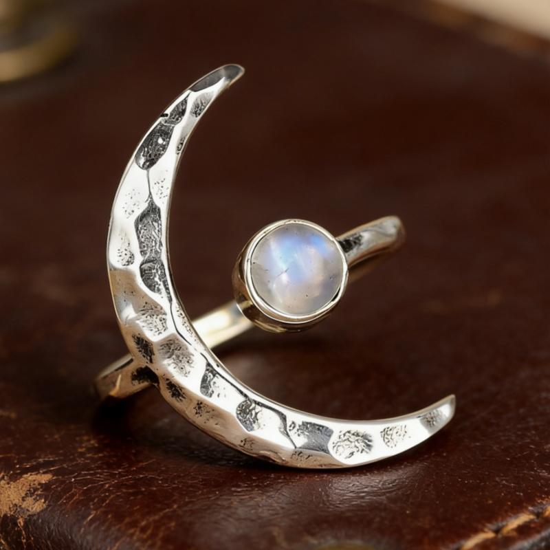 Women's Retro Inlay Synthetic Moon Stone Open Adjustable Ring - Bohemian Fashion Costume Jewelry for Casual Daily & Festival Occasions